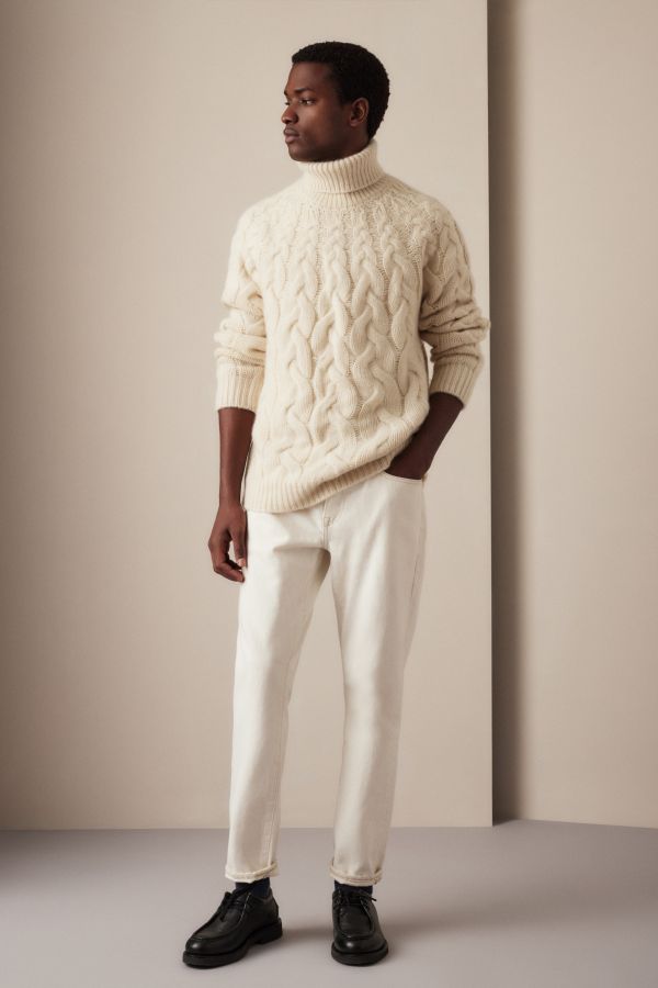 CASHMERE, ARAN ROLLNECK SWEATER