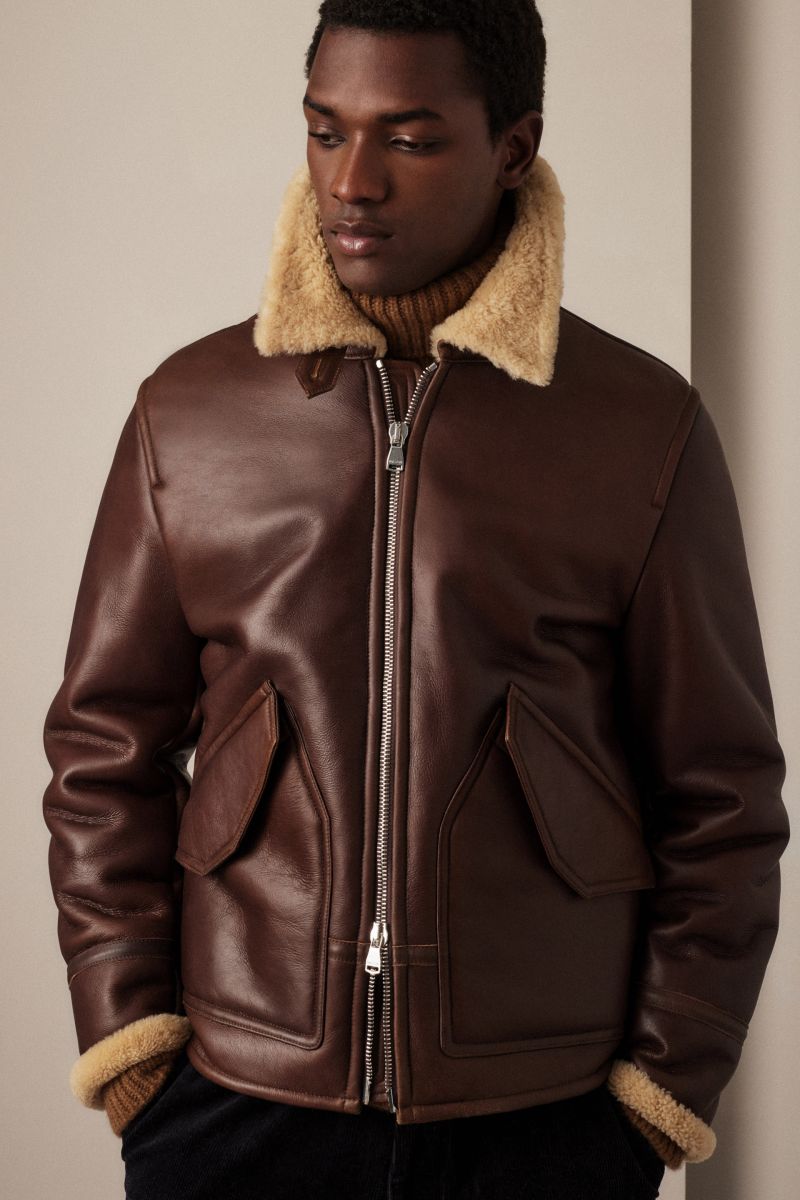 Brown Shearling Leather Bomber Jacket