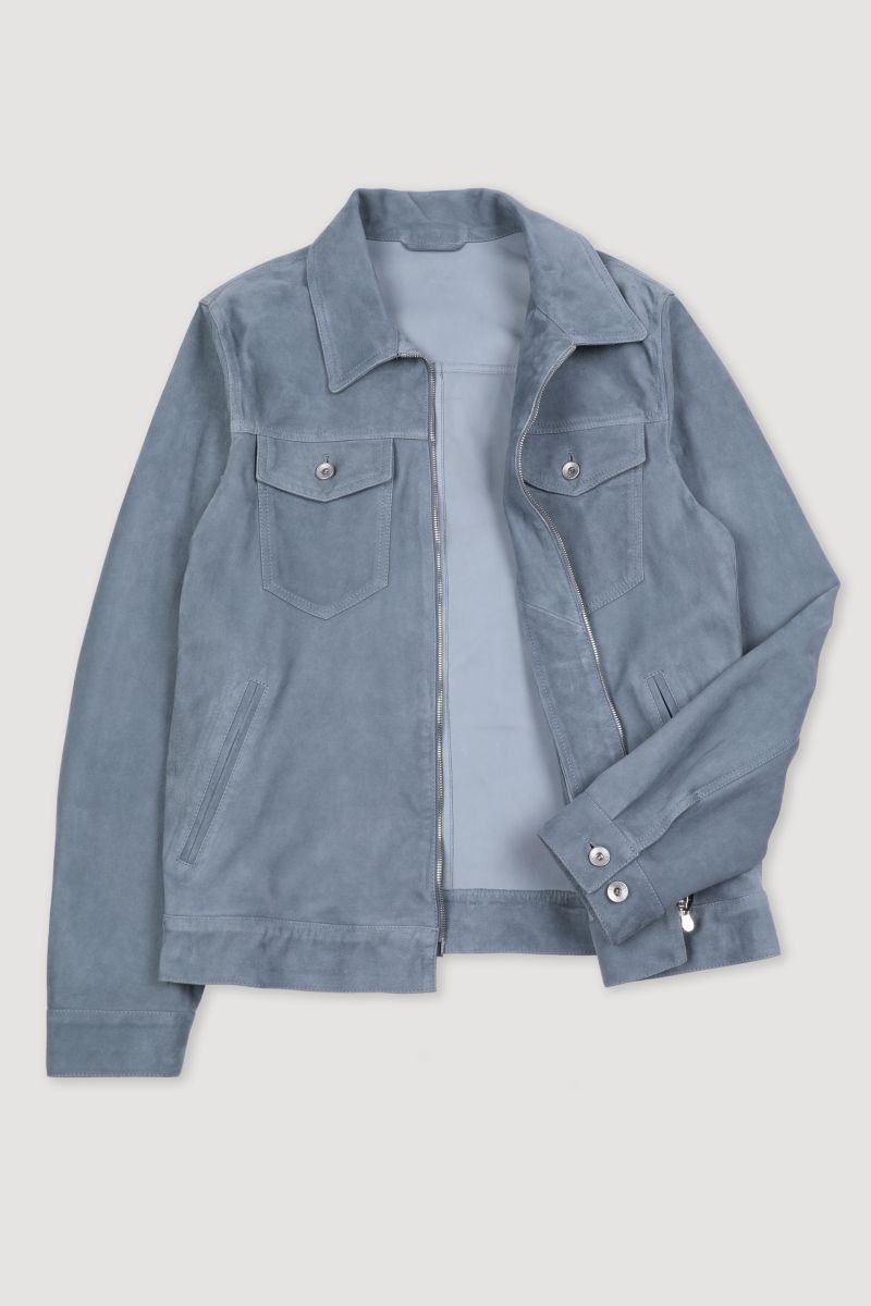 Blue suede trucker best sale jacket